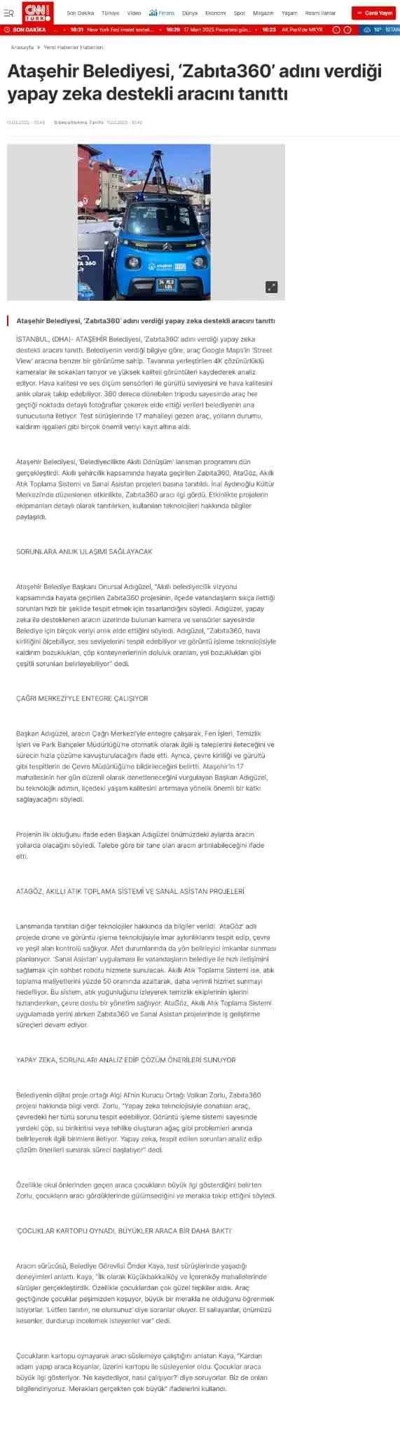 CNN Türk — Zabıta360 haberi (gazete küpürü)