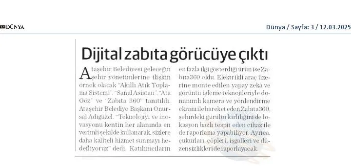 Dünya — Zabıta360 haberi (gazete küpürü)