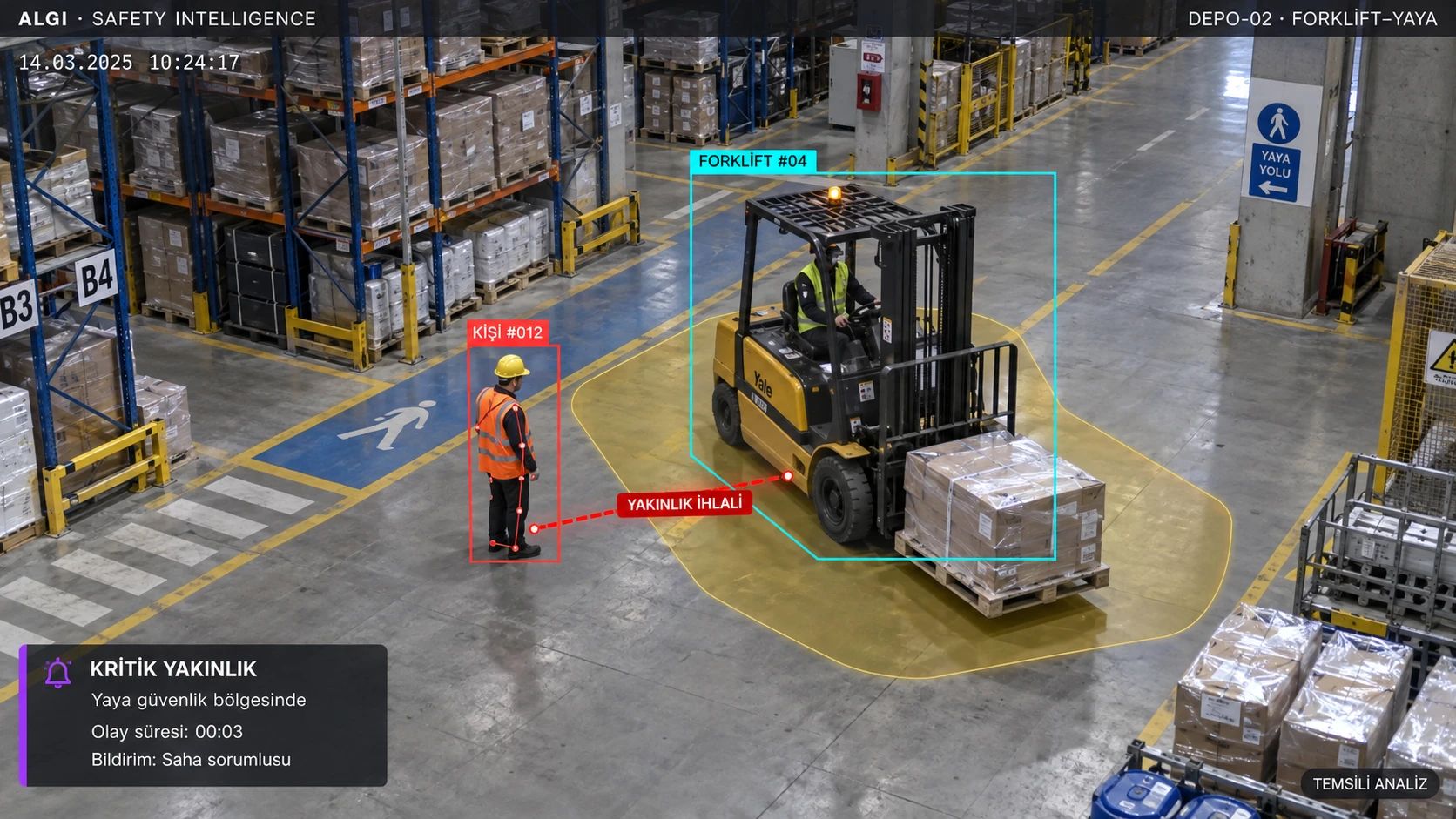 Temsili görsel: depoda yük taşıyan forkliftin çevresi sarı güvenlik bölgesi olarak çizili; bölgeye yaklaşan yaya kırmızı kutuda, aradaki çizgide yakınlık ihlali etiketi. Olay kartı: kritik yakınlık, bildirim saha sorumlusu.