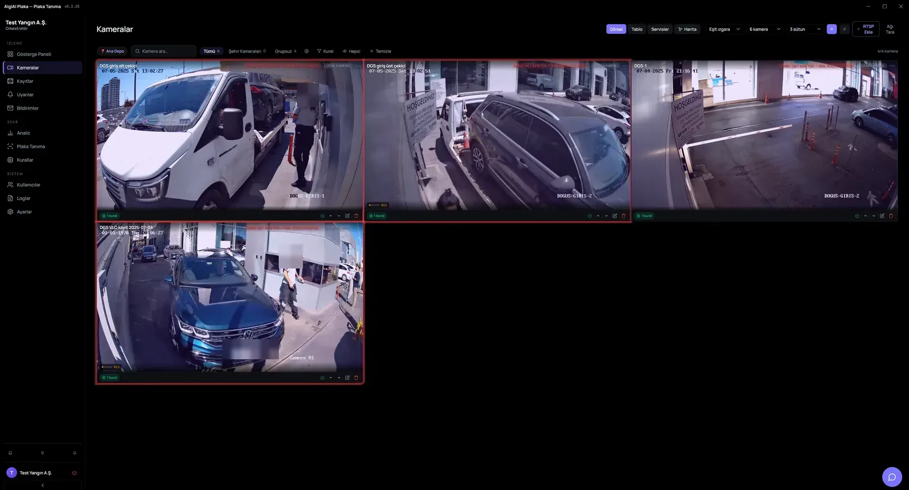 Kameralar ekranı: dört kapı kamerasının canlı akışı eşit ızgarada, her kamera kartında aktif kural rozeti ve zaman damgası