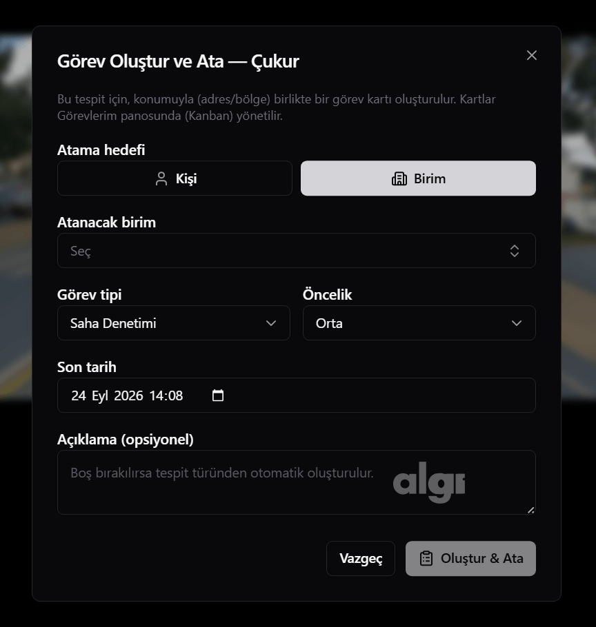 Panel ekranı: görev oluşturma ve birime atama formu; atama hedefi, birim, görev tipi, öncelik ve son tarih alanları